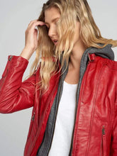 Load image into Gallery viewer, Women Red Removable Hooded Leather Jacket
