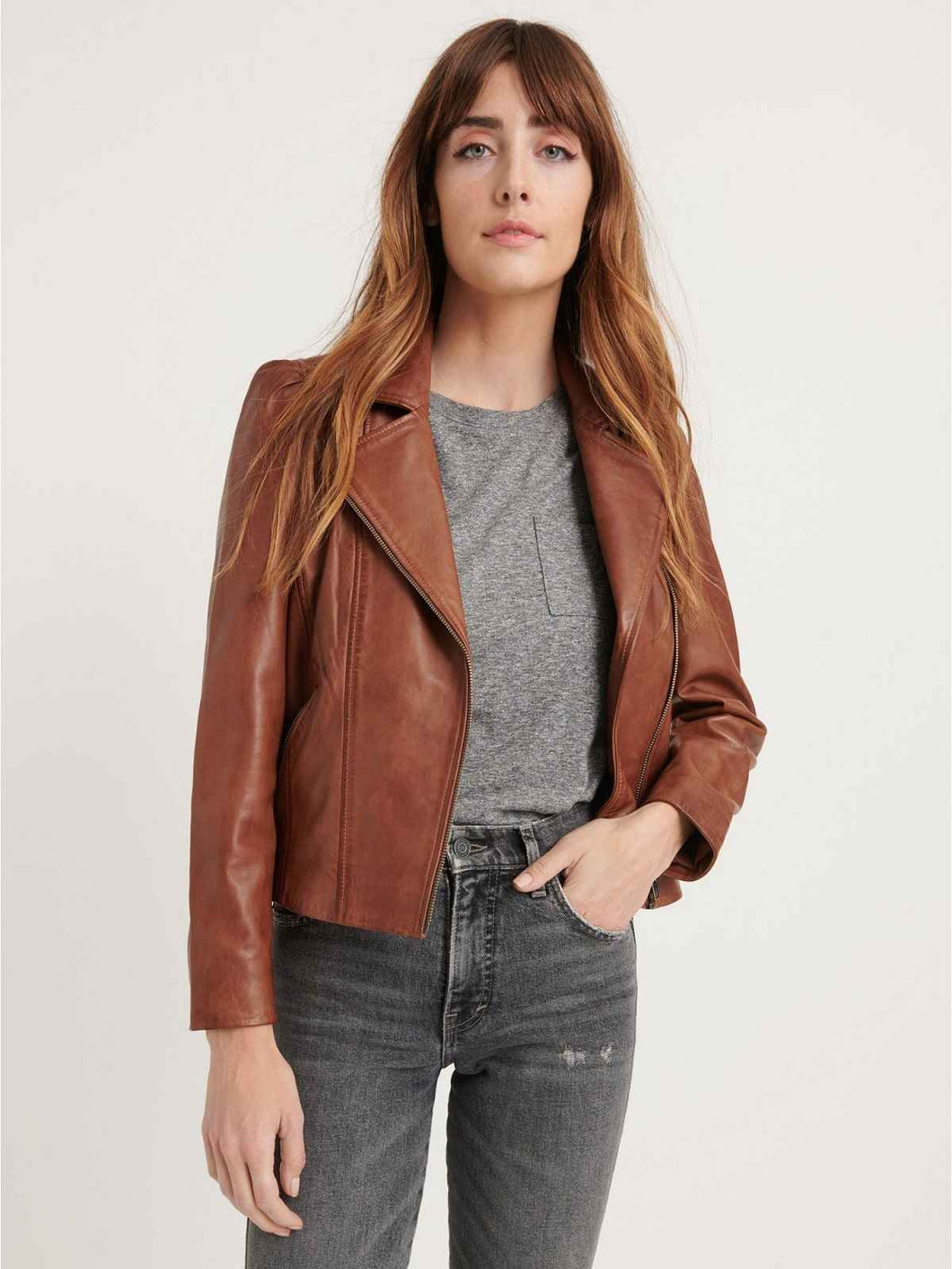 Womens Rusty Brown Biker Hem Cuffs Leather Jacket – Boneshia