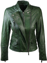 Load image into Gallery viewer, Womens Diamond Quilted Green Leather Biker Jacket
