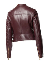 Load image into Gallery viewer, Women&#39;s Sparkling Choco Brown Biker Leather Jacket
