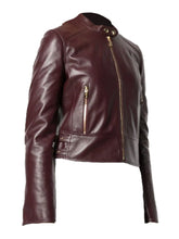 Load image into Gallery viewer, Women&#39;s Sparkling Choco Brown Biker Leather Jacket
