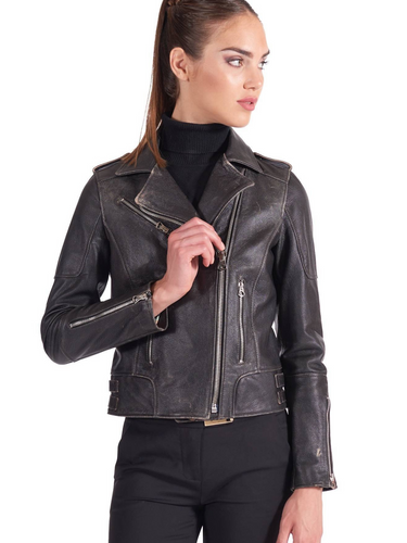 Black hand made Women Asymmetrical style Leather Biker Jacket - Boneshia