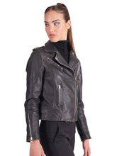 Load image into Gallery viewer, Black hand made Women Asymmetrical style Leather Biker Jacket - Boneshia
