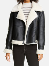 Load image into Gallery viewer, Women’s Black Shearling Fur Collar Leather Jacket
