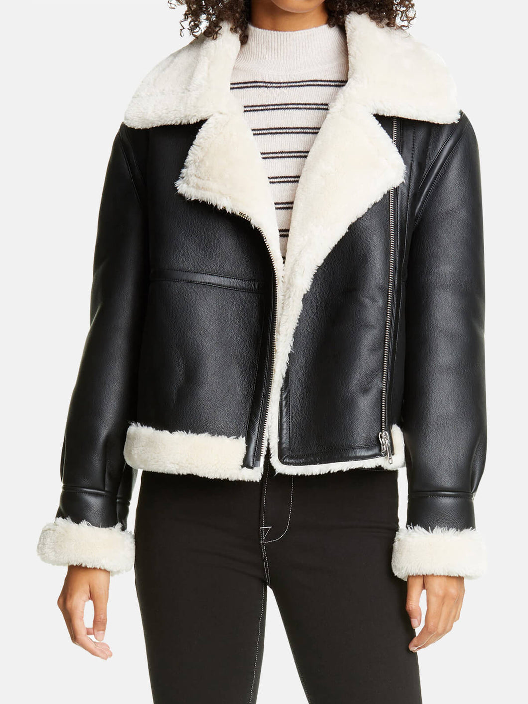 Women’s Black Shearling Fur Collar Leather Jacket