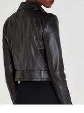 Load image into Gallery viewer, Womens Asymmetrical Biker Belted Leather Jacket Black
