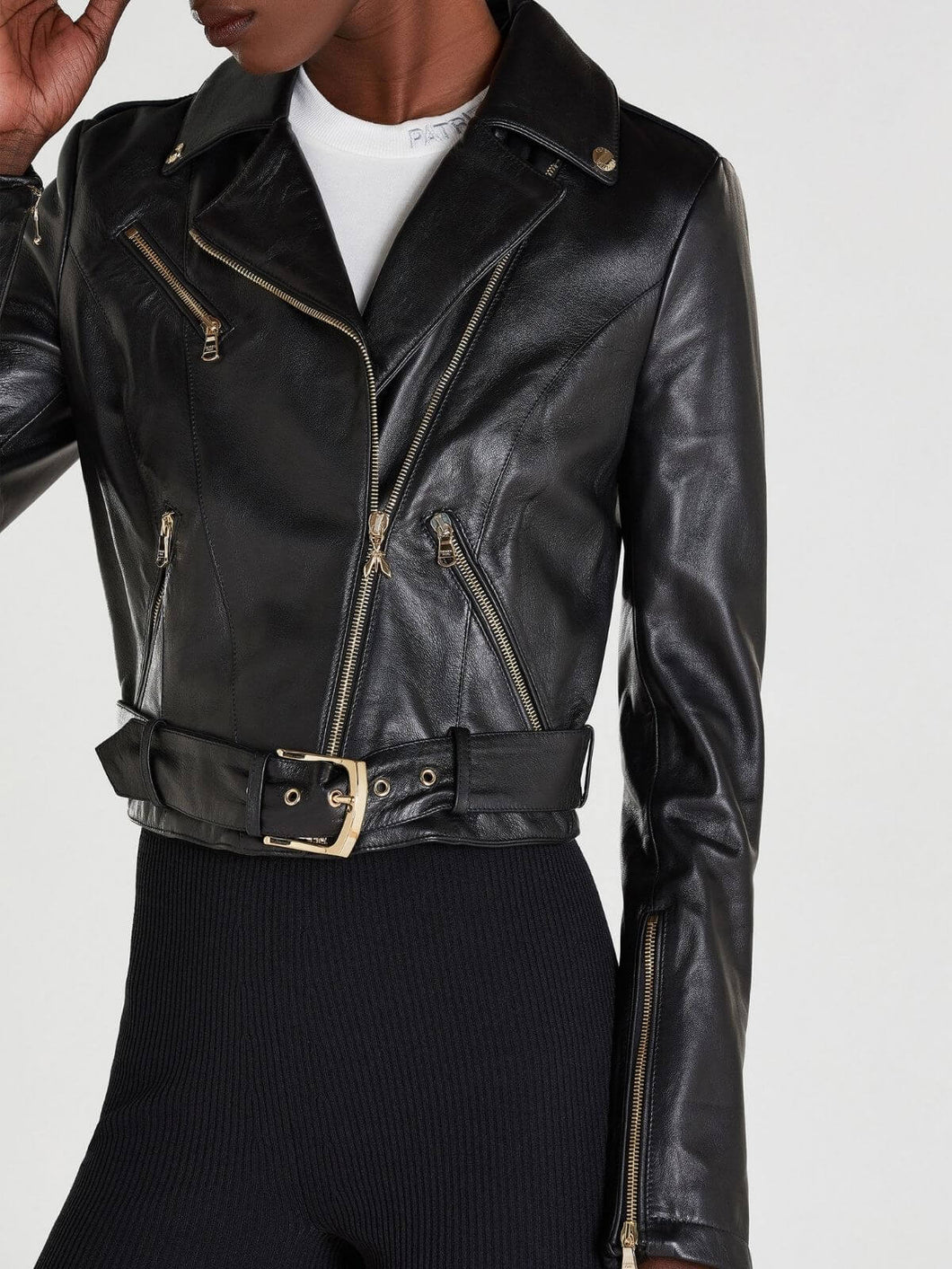 Womens Asymmetrical Biker Belted Leather Jacket Black