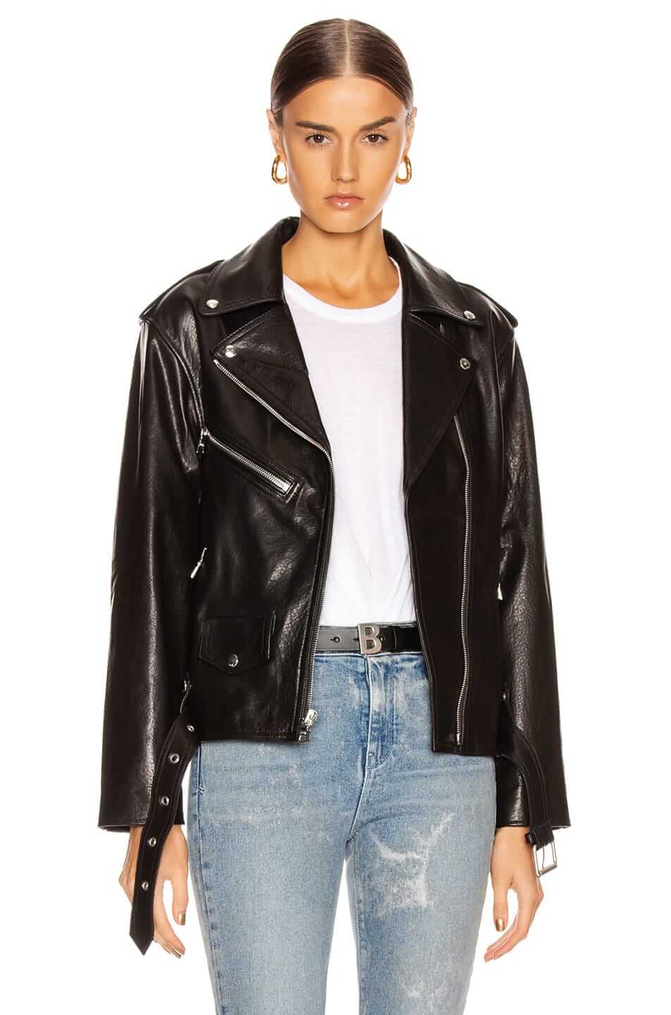 Womens black Biker Asymmetrical Belted Leather Jacket