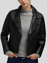 Load image into Gallery viewer, Stylish Womens Black Hem Collar Biker Racer Leather Jacket
