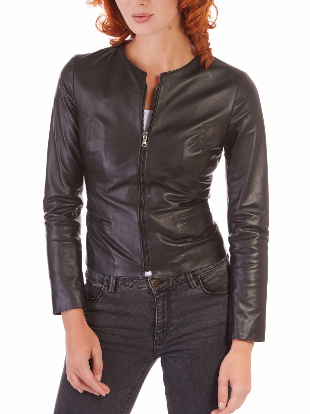 Womens Black Nappa Real Leather Round Collar Jacket