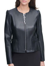 Load image into Gallery viewer, Womens Black Petite Zipper Plain Biker Jacket
