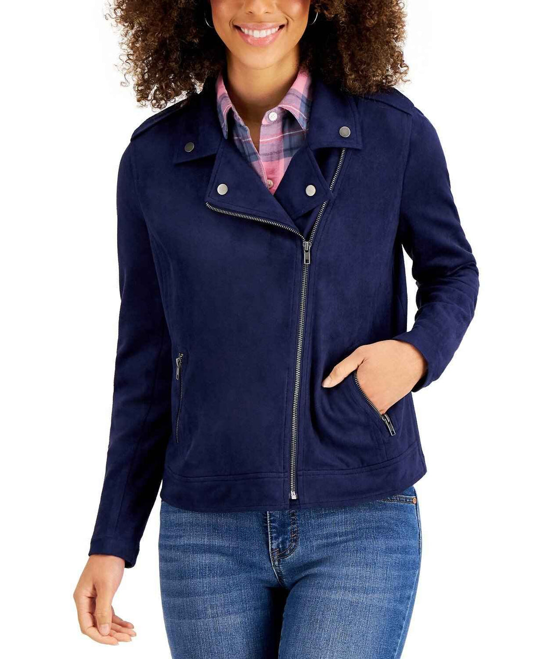 Womens Casual Blue Suede Moto Jacket