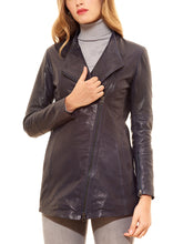 Load image into Gallery viewer, Womens Black Lamb Leather Jacket Cross Zip Leather Coat
