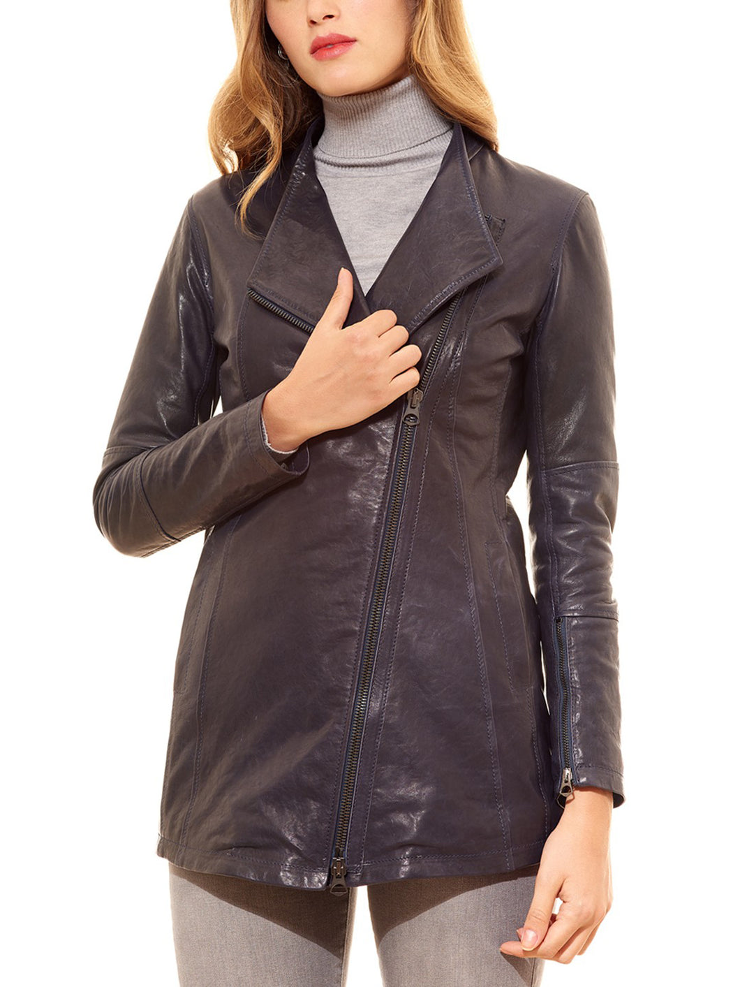 Womens Black Lamb Leather Jacket Cross Zip Leather Coat