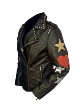Load image into Gallery viewer, Womens Black Leather Jacket with Printed Stars
