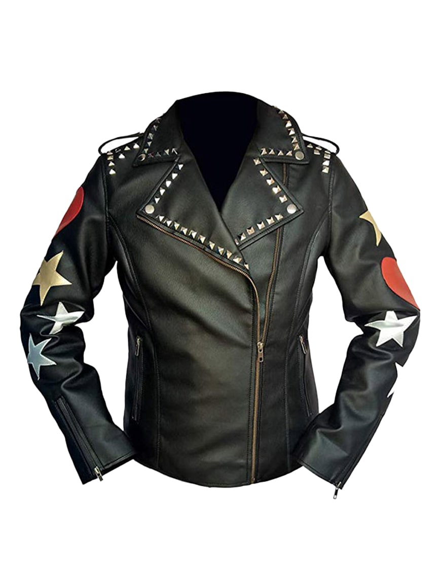Womens Black Leather Jacket with Printed Stars