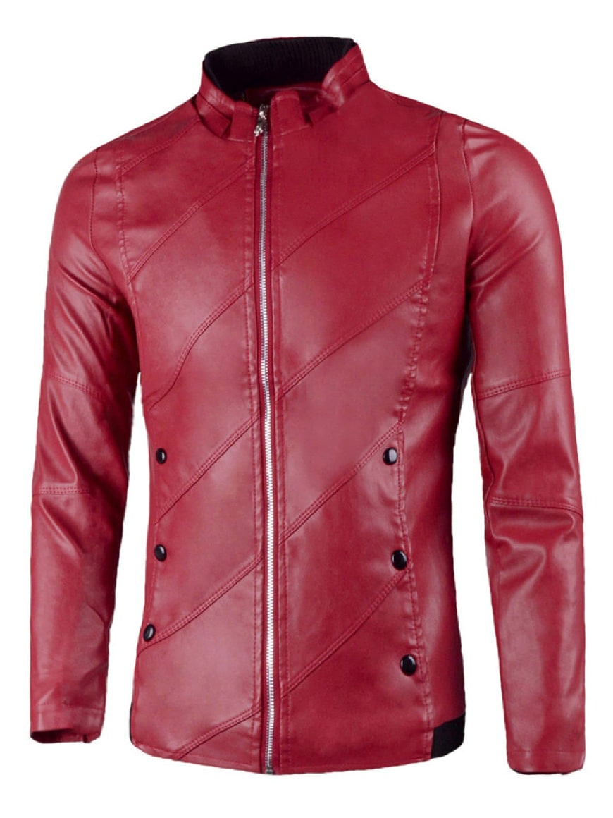 Women’s Flap Button Embellished Stand Collar Leather Jacket