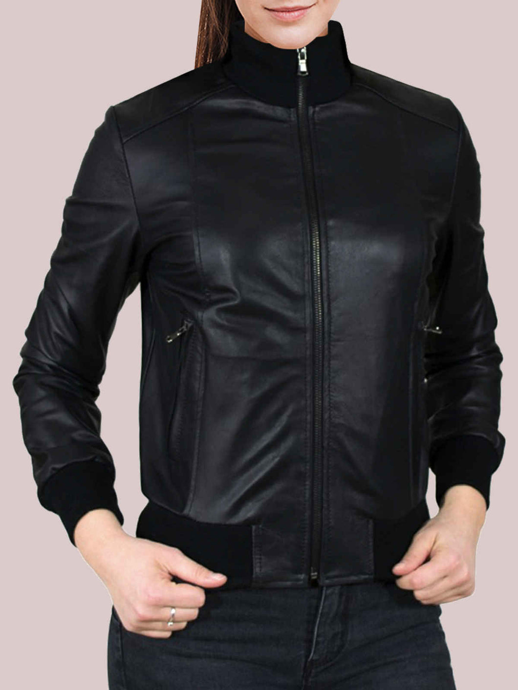 Women’s  Black Glossy Leather Bomber Jacket