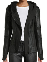 Load image into Gallery viewer, Womens Hooded Black Terry Moto Jacket
