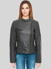 Load image into Gallery viewer, Women&#39;s Quilted Black Leather Biker Jacket
