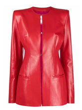 Load image into Gallery viewer, Women&#39;s Red Collarless Leather Jacket
