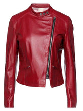 Load image into Gallery viewer, Women&#39;s Red Slim-fit Leather Cafe Racer Jacket
