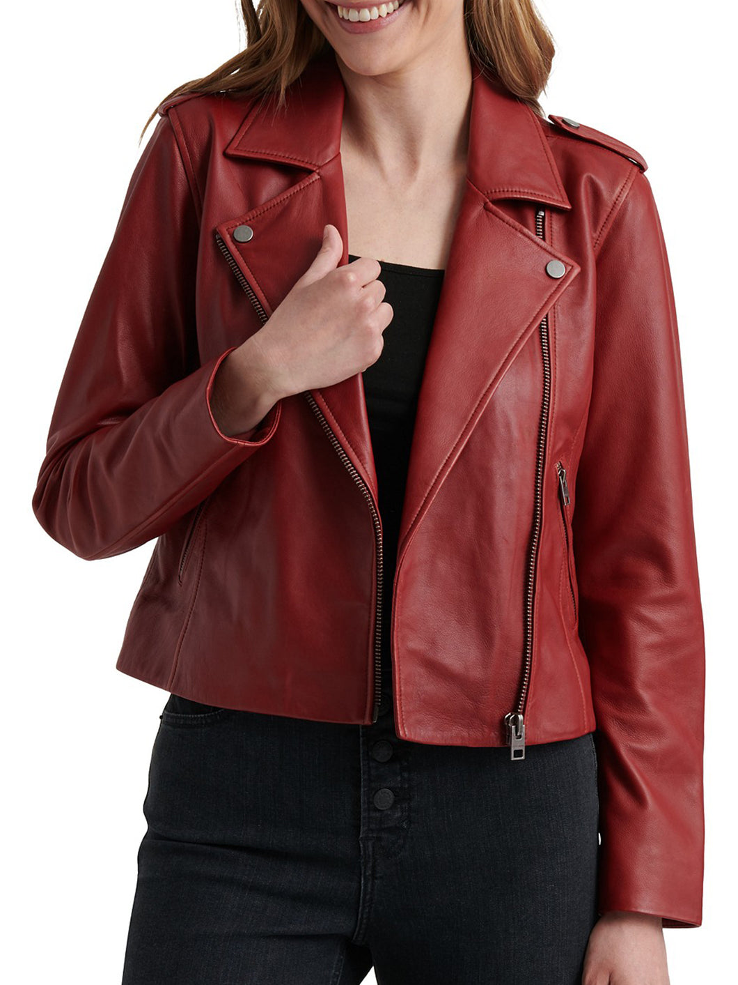 Womens Red Stylish Hem Collar Classic Leather JACKET
