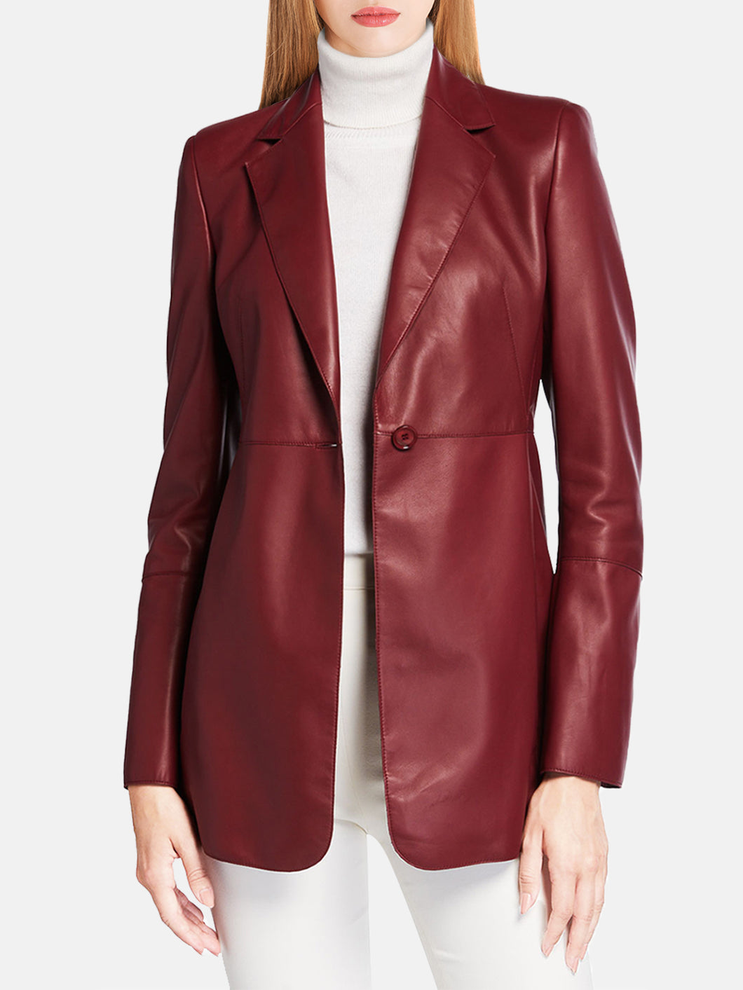 Women’s Slim-Fit Graceful Dim Red Asymmetrical Leather Coat
