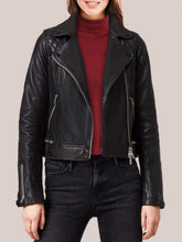 Load image into Gallery viewer, Women&#39;s Splashy Black Leather Biker Jacket
