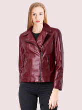 Load image into Gallery viewer, Womens Red Motercycle Leather Jacket
