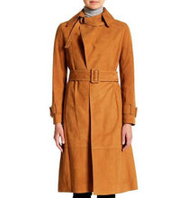 Load image into Gallery viewer, Women&#39;s Suede Leather Trench Coat In Brown
