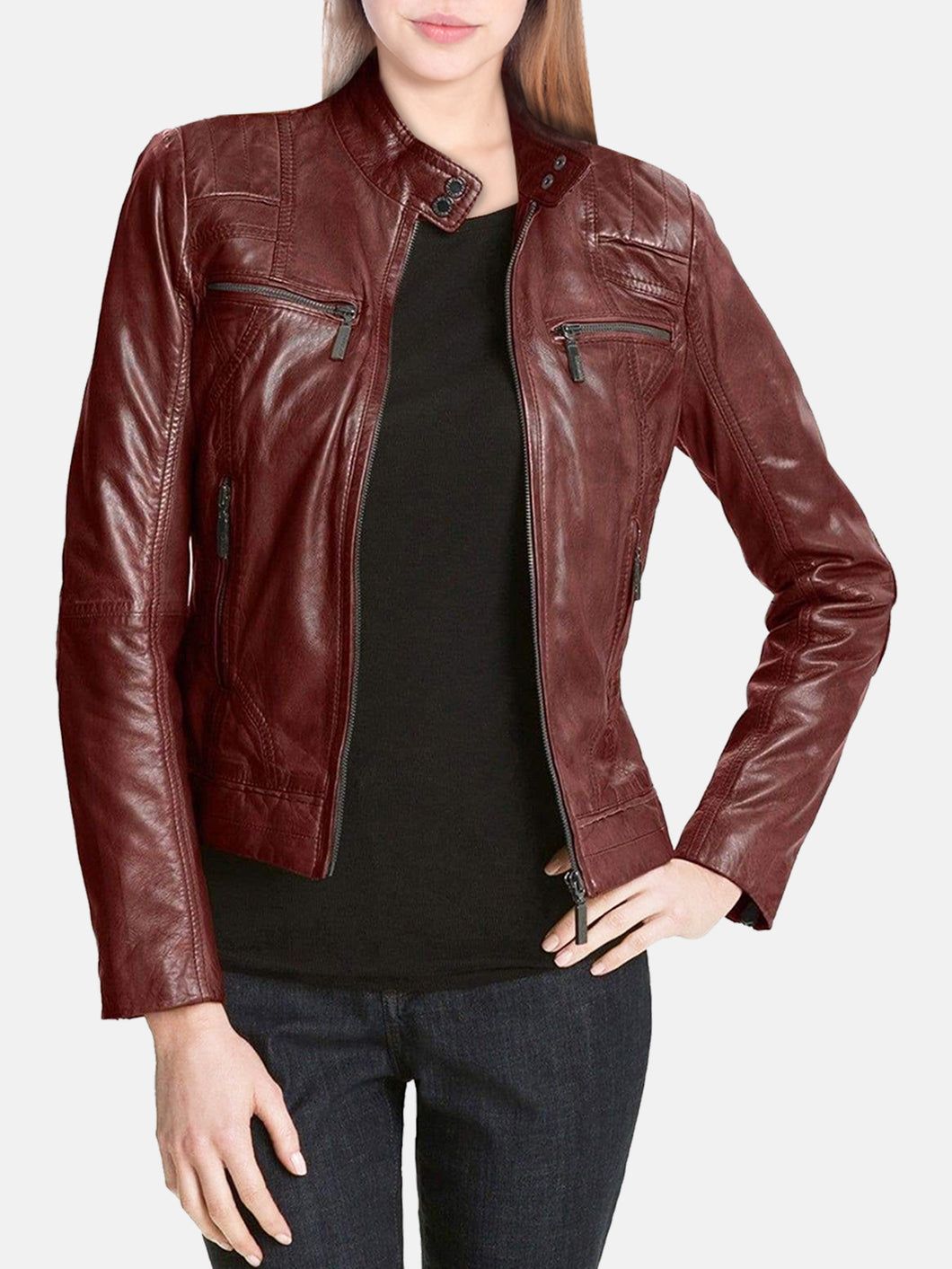 Women’s Waxed Cowhide Leather Fitted Racer Jacket