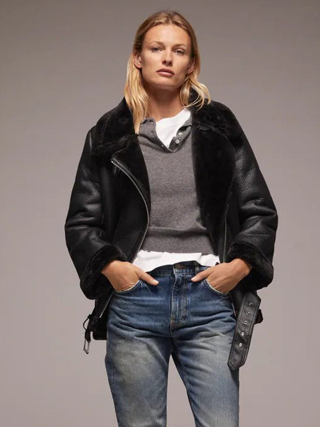 Womens Black Shearling Fur Collar Leather Jacket