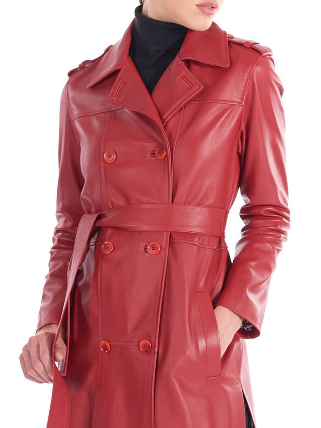 Womens Red Nappa Leather Long Coat
