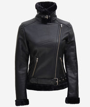 Load image into Gallery viewer, Womens Black Leather Shearling Jacket
