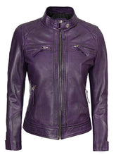 Load image into Gallery viewer, Women&#39;s Quilted Cafe Racer Leather Jacket
