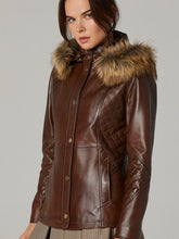 Load image into Gallery viewer, Women Brown Quilted Real Leather Jacket With Fur Hoodie

