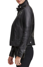 Load image into Gallery viewer, Black Strap Shoulder Leather Jacket For Women
