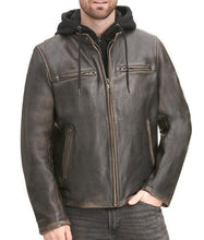Load image into Gallery viewer, Men&#39;s Distressed Black Hooded Cafe Racer Leather Jacket
