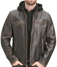Load image into Gallery viewer, Men&#39;s Distressed Black Hooded Cafe Racer Leather Jacket
