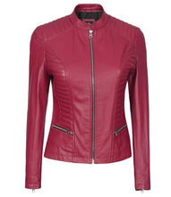 Load image into Gallery viewer, Women&#39;s Pink Quilted Cafe Racer Leather Jacket
