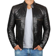 Load image into Gallery viewer, Men&#39;s Black Cafe Racer Motorcycle Leather Jacket
