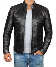 Load image into Gallery viewer, Men&#39;s Black Cafe Racer Motorcycle Leather Jacket
