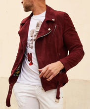 Load image into Gallery viewer, Genuine Red Suede Leather Moto Jacket for Men
