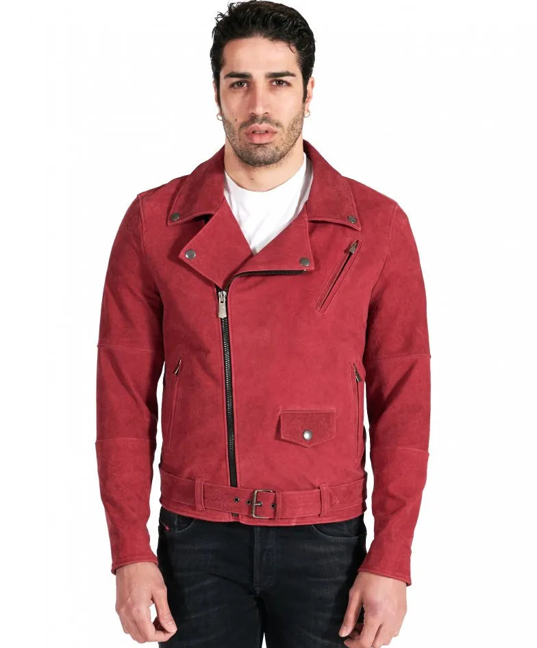 Genuine Red Suede Leather Jacket for Men