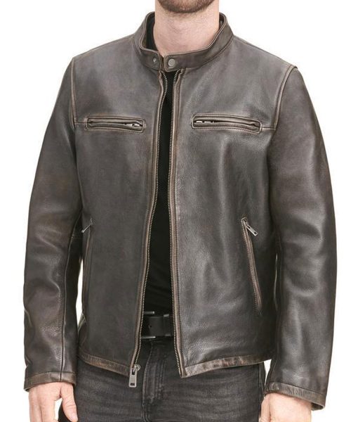 Men's Distressed Black Hooded Cafe Racer Leather Jacket