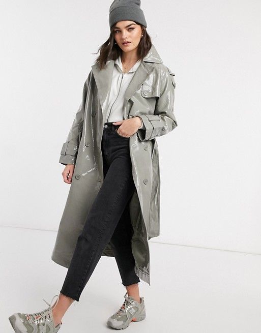 Vinyl Trench Faux Leather Sage Coat For Women