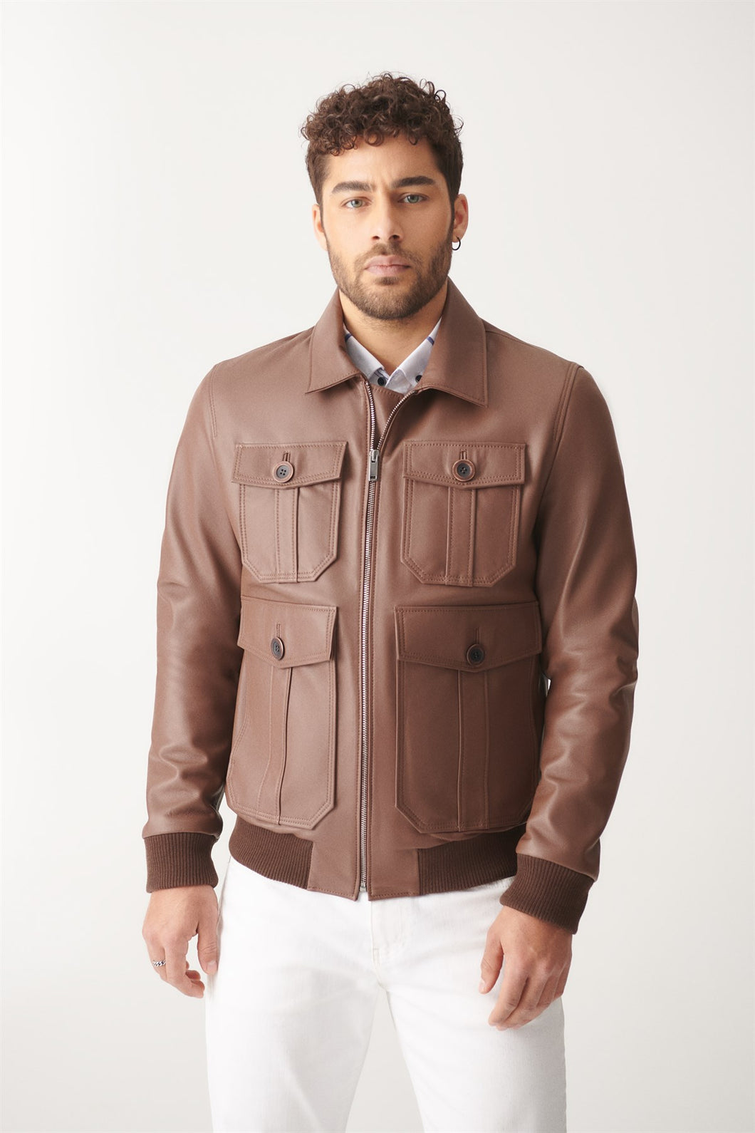 Classic Brown Bomber Leather Jacket for Men - Boneshia