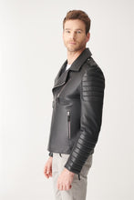 Load image into Gallery viewer, Mens Quilted Charcoal Black Biker Leather Jacket
