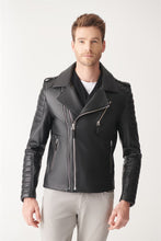 Load image into Gallery viewer, Mens Quilted Charcoal Black Biker Leather Jacket
